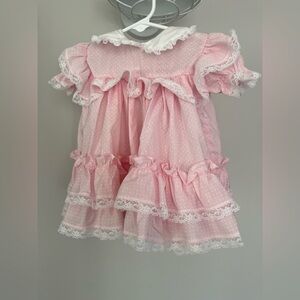 Vintage Girls 9 Month Kandy Ann Pink Ruffled Dress with Lace Made in USA